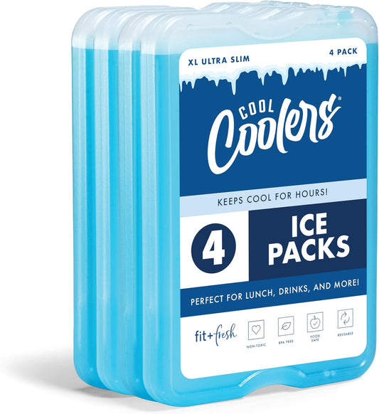 XL Cool Coolers Freezer Slim Ice Pack for Lunch Box, Set of 4, Large, Blue
